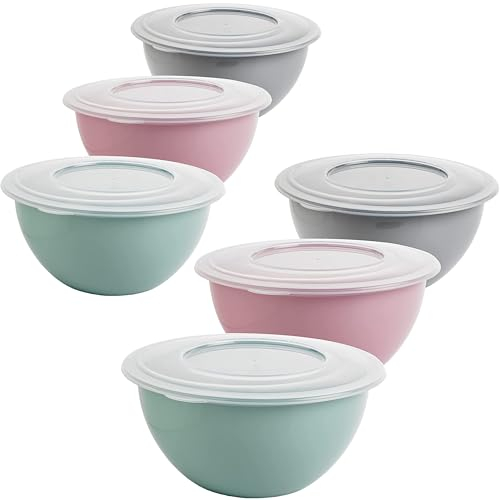 Lot de 6 Bols Mélangeurs Pastel avec Couvercle de 1 L, Saladier en Plastique sans BPA (PP) - Gris Clair, Rose, Vert et Couvercle Transparent