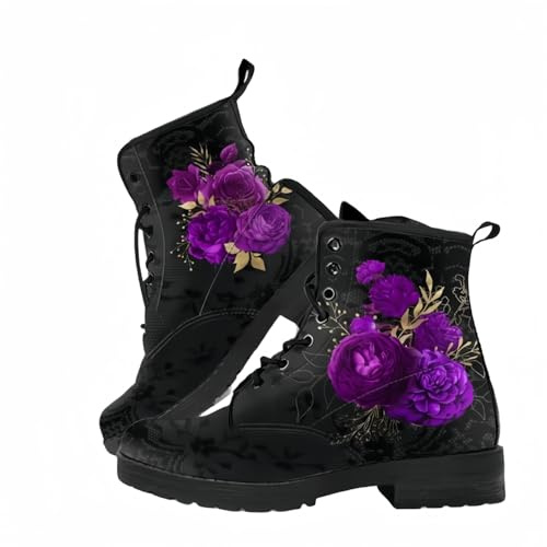 Women's Printed Short Boots Autumn and Winter Lace-up Combat Boots Ankle Boots Rose Skull Cartoon Pattern Gifts for Girls Women