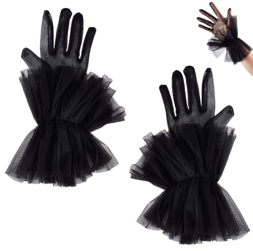 AHANDMAKER Guanti corti da sposa in tulle con volant da donna guanti corti da tè da donna guanti in rete guanti da sera formali per forniture in costume, Nero , 315x205x45mm