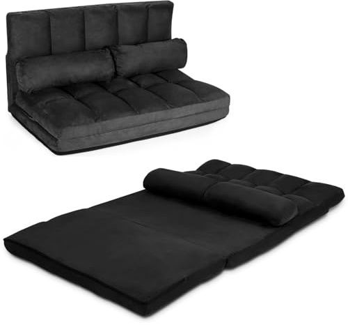 COSTWAY Double Folding Sofa Bed, 6-Position Adjustable Lounger Sleeper Seat Chair with 2 Pillows, Home Office Living Room Bedroom Floor Lazy Sofa Bed (Black)
