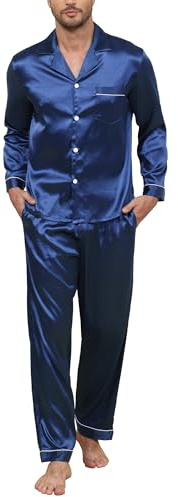 TeJoyce Pyjama Homme Satin Long, Deux Pièces Vêtements de Nuit Soie, Ensembles Manches Longues Chemise avec Boutons et Pantalon à Poches, Elegant et Luxe Loungewear pour Dormir ( Bleu Marine, XL )