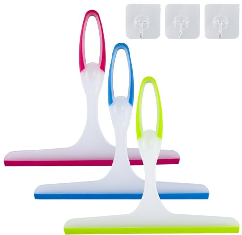 Lot de 3 raclettes de cabine de douche avec 3 crochets adhésifs - Raclette de douche avec crochet mural - Raclette de douche - Lame en caoutchouc - Nettoyeur en plastique - Pour miroir, salle de bain