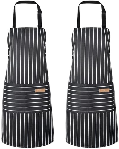 Livdouyu 2 Stück Schürze Kochschürze Damen Verstellbare Küchenschürze mit Taschen Männer Kittelschürze Baumwolle Schürze zum Kochen, Malen, Backen, Hausarbeiten(2 Schwarz)
