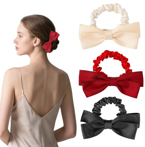 Nzexlyva 3 Pcs Hair Scrunchies with Bow, Bow Hair Ties for Women and Girls Elastic Bowknot Hair Ties Silk Ponytail Holder, Rubber Bands for Women and Girls, Hair Accessories for Thick and Thin Hair