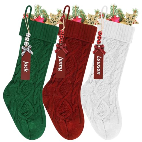 AOROPS Christmas Stockings, 3 Pcs Large Knit Christmas Stockings 18 Inch Personalized Xmas, Hanging Decorations with Name Tags for Christmas Fireplace Tree Decorations