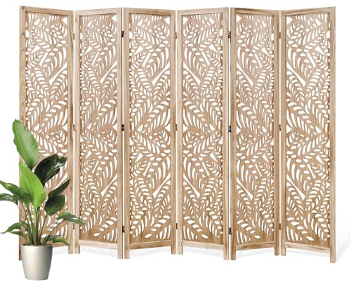 Leaf-Carved Room Divider Privacy Screen - 67 Inch Tall Foading Decorative Wood Screen Dividers Panel for Home - Natural Wood Room Partitions for Enhanced Privacy and Style Natural 6 Paned