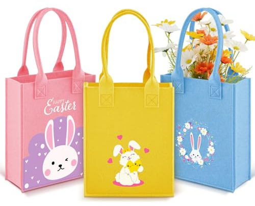 Xuniea 3 Piezas Bolsas de Fieltro de Pascua Bolsas de Regalo para Flores 22 x 18 x 7 cm con Asa Embalaje de Cesta de Pascua Bolsas para Buscar Huevos Bolsa para Regalos Favores de Fiesta