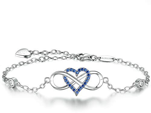 BlingGem Damen Armband Unendlichkeit Herz Weißgold vergoldet 925 Sterling Silber Blau Zirkonia Bettelarmband Für Immer Zusammen Geschenk für Frauen