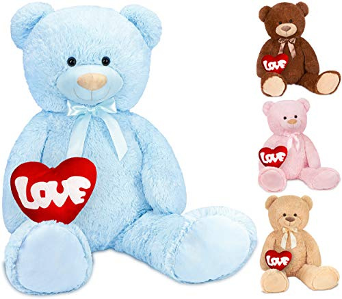 BRUBAKER XXL Teddybär 100 cm Hellblau mit einem Love Herz Stofftier Plüschtier Kuscheltier
