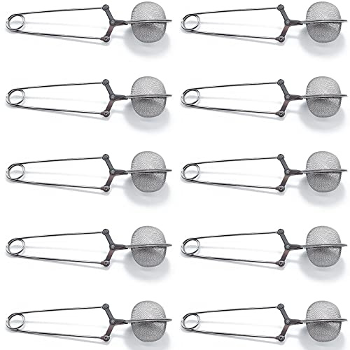 TIHOOD 10PCS Snap Tea Infuser,Stainless Steel Mesh Ball Tea Strainer with Handle for Loose Tea Leaf Pincer Tea Ball Tea Filter Tong