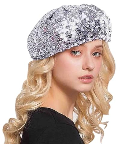 AIBEARTY Women Girls Sparkly Sequin Beret Hat Fashion Fun Stretch Beanie Cap Headwear for Festival Party Club Halloween (Silver)