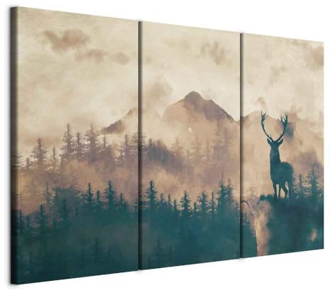 murando - Akustikbild Hirsch Bilder Akustikschaum Hochleistungsschallabsorber Schallschutz Leinwand 3 tlg Wandbild Raumakustik Schalldämmung Landschaft Gebirge Wald Panorama