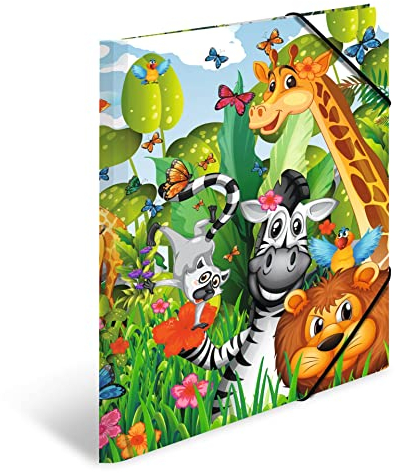 HERMA Sammelmappe A3 Dschungel, Eckspanner-Mappe aus Pappe mit Kindergarten Motiv, Gummizug, Innenklappen und Innendruck für Jungen, Mädchen und Kinder