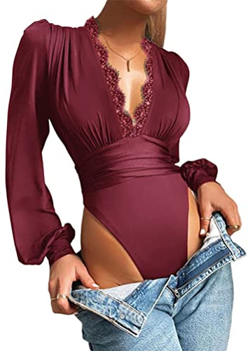 nicticsi Bodys Femme Blouse Shirt à Manches Longues Col en V avec Dentelle Sexy Body Elegant Tops T-Shirt Bodysuit Soirée Cocktail Club Chemisier Rouge M