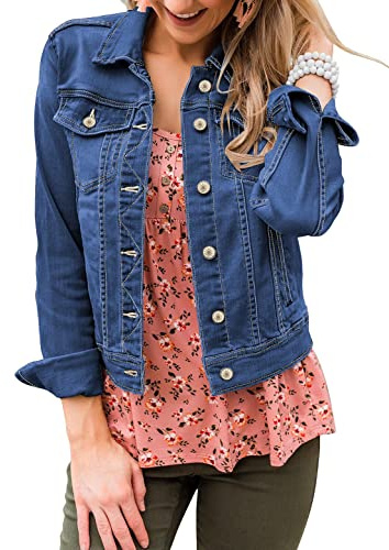 Roskiky Denim Jackets Women Jean Stretchy Long Sleeve Trucker Jacket with Pocket UK