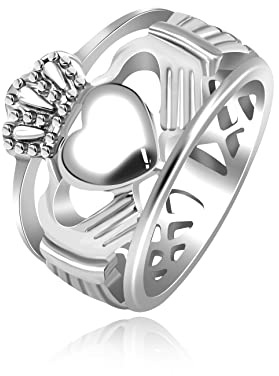 Uloveido Y1729 Freundschaftsring mit Herzform, mit Weißgold vergoldet, irischer Claddagh-Ring für Damen und Herren, Z+1 (69.7mm), Edelstahl, Kein Edelstein