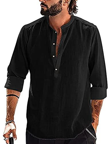 YAOBAOLE Chemise en Lin Homme Chemise Homme Manches Longues Regular Fit Chemises pour Hommes d Été Chemises en Lin Col Mao Noir L