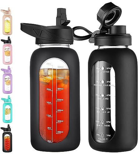 CIVAGO 32 oz Glass Water Bottle with Straw and Handle, Large Sports Motivational Water Bottle Flask with Time Marker and 2 Lids, Leakproof Water Jug Canteen with Silicone Sleeve for Gym,Black