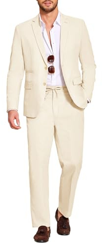 COOFANDY Mens Linen Suits 2 Piece Linen Blazer and Pants Summer Casual Beach Wedding Suit Set Beige