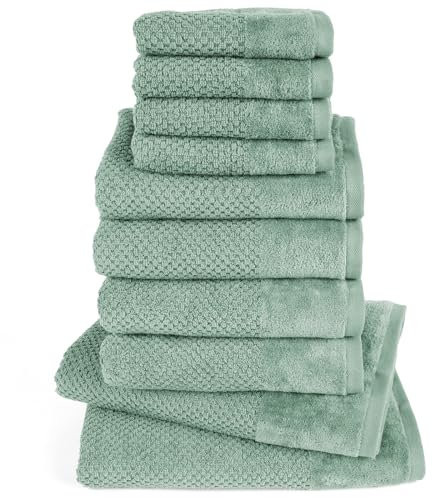 Pure Label 10-TLG. Handtücher Set mit Aufhängeschlaufen aus 100% Baumwolle, saugstark und weich - 2X Badetuch (70x140 cm) 4X Handtuch (50x100cm) 4X Gästetuch (30x50 cm), Grün
