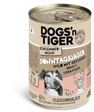Dogs'n Tiger - Cibo per cani per adulti, cacciatori di domenica, senza cereali, zuccheri aggiunti, conservanti artificiali, cibo per cani con selvaggina, pollame, pera e castagna, 12 x 400 g