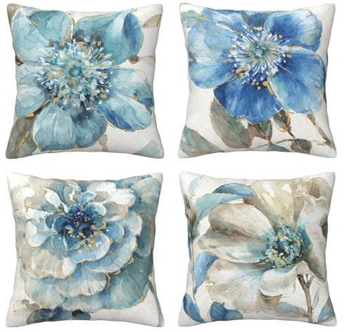 AMZQJD 4 Stück Kissenbezug Baumwolle Dekokissen Kissenbezüge Sofakissen Dekorativ Kissenhülle Bezug Weich für Wohnzimmer Schlafzimmer (Blaue blüten, 40 x 40 cm)
