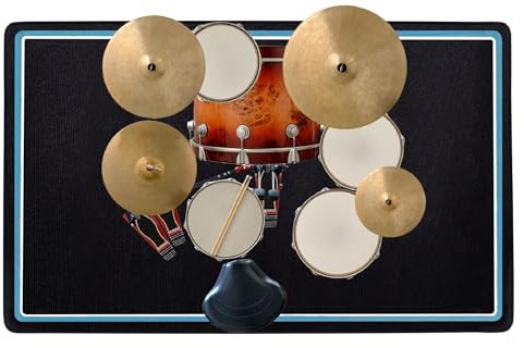 Drum Rug, 4 x 5 Ft Drum Mat with Non-Slip Grip Bottom, Soundproof Floor Pad for Electrical, Ideal Present for Drummers, Blue and White Border