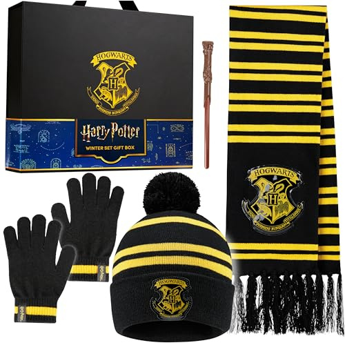 Harry Potter Ensemble Enfant Hiver 4 Pièces, Écharpe Bonnet avec Pompon Gants Stylo Baguette, Cadeau pour Fille Garçons Fans