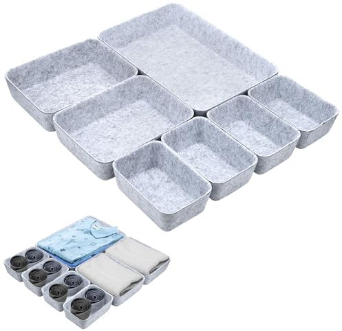 Hejo 7 Pezzi Organizer Cassetti Armadio Feltro,Divisori per Cassetti,Durevole Contenitori Separatori per Cassetti,Organizer Trucchi Cassetti per Uffici Domestici, Armadi di Cancelleria(Grigio Chiaro)