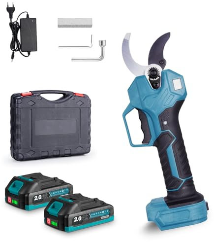 Yofidra Tijeras de podar eléctricas con batería, 30 mm, con 2 baterías de 2,0 Ah, podómetro LED, motor sin escobillas, con batería