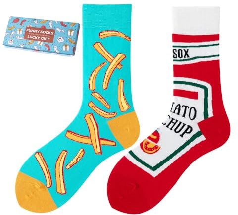 NxnChc Lustige Socken Für Damen Und Herren Unisex Viele Motive Tier Essen Obst Sport Kunst Aus Baumwolle Geschenk Asymmetrische Muster Links Und Rechts