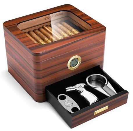 CIGARLOONG Glass Top Cigar Humidor,Cedar Wood Humidor with Drawer Cigar Desktop Box with Hygrometer,Humidifier,Divider and Double Layer,Cigar Accessories Gift for Men(Brown)