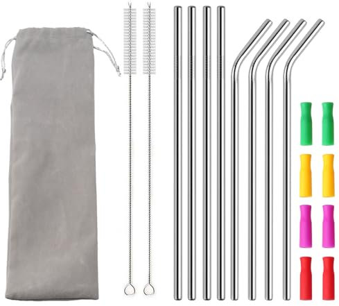 Vookkp Cannucce Riutilizzabili In Acciaio Inossidabile 8 Pezz, Cannucce in Acciaio Inox 304 con 2 Spazzole&8 Copertura in Cannuccia, Cannucce Metallo per Cocktail, Frullati