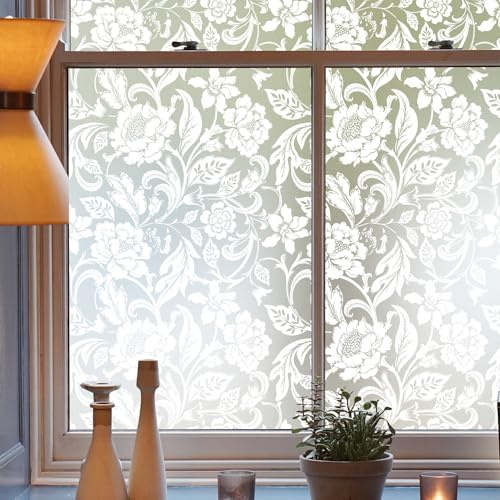 dktie Window Film Privacy Decorative Window Film White Flowers And Vines Pattern Opaque Frosted Glass Film Static Cling, No Glue, Uv Protection, Privacy Protection, Anti-glare 44.5x200cm