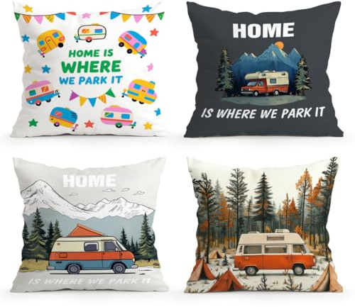 LANBEIDE Set di 4 federe per cuscino per roulotte, 45 x 45 cm, con scritta Home is Where We Park it (lingua italiana non garantita), accessori per camper, camper, letto, divano, 45,7 x 45,7 cm