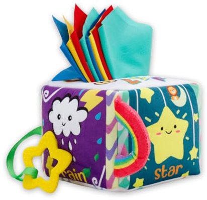 Vamotto Tissue Box Toy for Baby, Montessori Sensory Pull Toy with 12 Durable Cloth Scarves & Crinkle Paper for 6-12 Months Infants, Early Learning Educational Motor Skills Development Gift