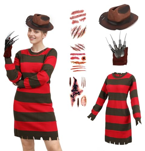 Freddy - Disfraz para mujer, suéter a rayas verdes y rojas, gorro, guantes, calcomanía, película de terror, Halloween, Nightmare Killiller, traje de cosplay (rojo, XL)