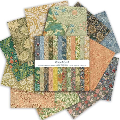 24 Blatt Scrapbook Papier, Doppelseitiges Bastelpapier 30.5 x 30.5 cm, 24 Designs Vintage Blumen Muster Designpapier, Decoupage Papier für Scrapbooking Origami DIY Fotoalbum (Classical Floral)