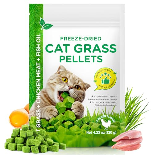 Freeze-Dried Cat Grass Chunks with Chicken & Fish Oil | Natural Digestion & Hairball Support | Edible Feline Chew Toys for Hairball Control and Oral Health | for Adult Cats & Kittens 3+ Months
