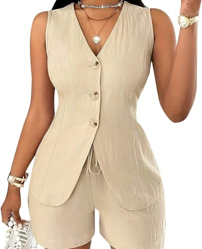 MINTLIMIT Womens 2 Piece Outfits Summer Sleeveless Button Down Vest Top Linen Shorts Set Casual Matching Sets