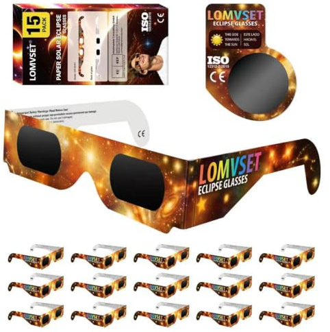 Lomvset Pack de 15/30 Gafas Eclipse Solar Homologadas ISO 12312-2 CE - 2026 Gafas para Ver Eclipse Solar Seguras Certificadas Protección UV e Infrarrojo para Adultos y Niños + Filtro para Móvil