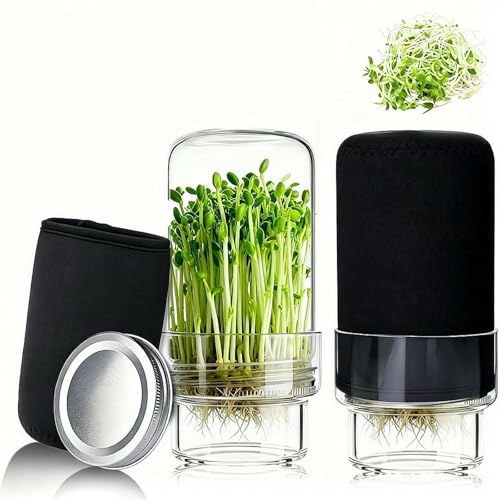 Sprouting burk kit, bred mun glasburkar med skärmlock, inkluderar bashylsa och mörkläggningsärmar, frögrodning för magbönor, broccoli, trädgårdsgåva för alla åldrar