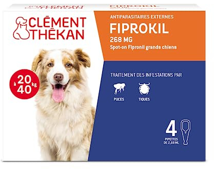 Clément Thékan - Anti-puces et anti-tiques pour grands chiens de 20 à 40 kg - 4 pipettes - Solution pour Spot-on Fiprokil 268 mg