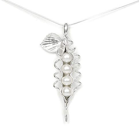 Pea Pod Necklace - 4 Peas White Freshwater Pearls and Sterling Silver - Gift Boxed with Story Card - Each Unique Handmade in USA (18 Inch Chain Length)