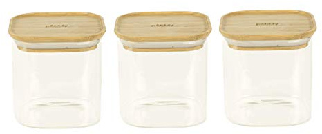 PEBBLY - Set di 3 contenitori Alti in Vetro Quadrati con coperchi in bambù - 3 x 800 ml - Conservazione ottimizzata per Una Cucina organizzata, Proteggi i Tuoi Alimenti secchi riducendo Gli sprechi