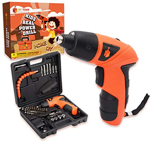 JoyTown Kids Real Power Drill Set – Electric Cordless Drill Tool Kit for Children with Interchangeable Bits, Flexible Shaft, Rechargeable, Carrying Case, Learning Tools for Boys & Girls Home DIY