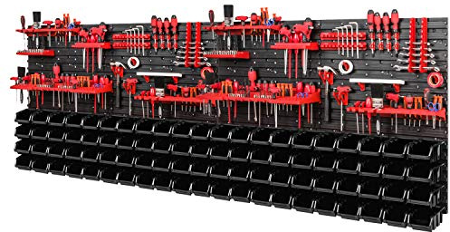 PAFEN Système de rangement mural à outils 2308 x 780 mm – Lot de porte-outils et 84 boîtes empilables noires – Étagère murale d'atelier murale perforée – Boîtes de rangement