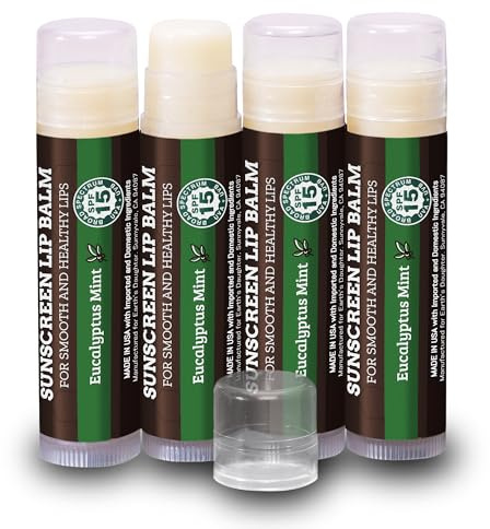 Earth's Daughter SPF Lip Balm Eucalyptus Mint 4-Pack - Lip Sunscreen, SPF 15, Organic Ingredients, Beeswax, Coconut Oil, Vitamin E - Hypoallergenic, Gluten Free