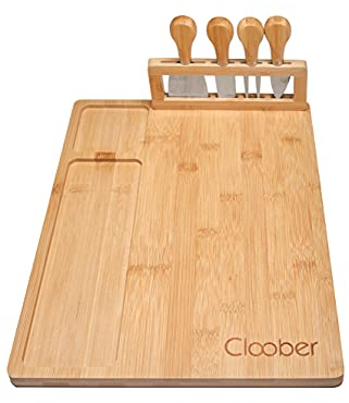 Cloober - Tabla quesos madera bambu natural 100% con Cuchillos de acero inoxidable para cortar y untar queso
