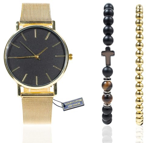 HALUKAKAH Conjunto de Reloj de Hombre Minimalista de Oro de Acero Inoxidable - con Pulsera de Perlas de Hematita Chapado en Oro, Collar de Perlas de Piedra Natural Ojo de Tigre Cruz, Conjunto de 3